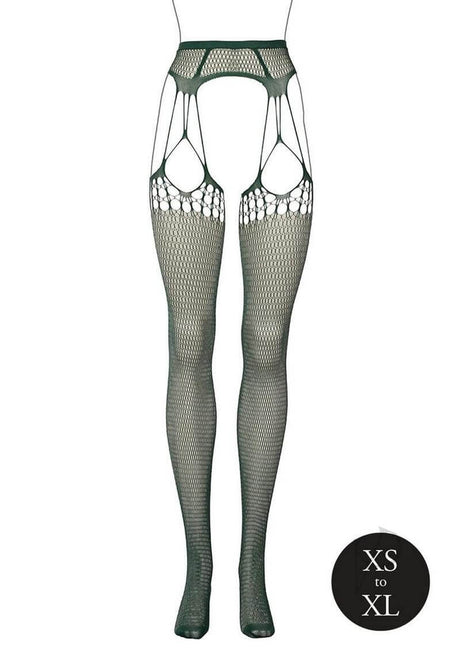 Le Desir Shredded Suspender Pantyhose OS Green featuring an edgy shredded fishnet design with attached garter straps.