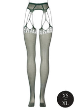Le Desir Shredded Suspender Pantyhose OS Green featuring a shredded fishnet design with garter straps, perfect for intimate wear.