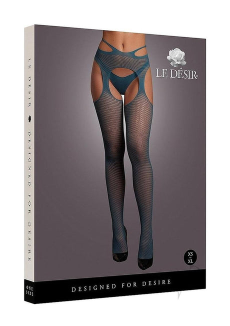 Le Desir Suspender Pantyhose with Strappy Waist OS Blue displayed in packaging with strappy design.