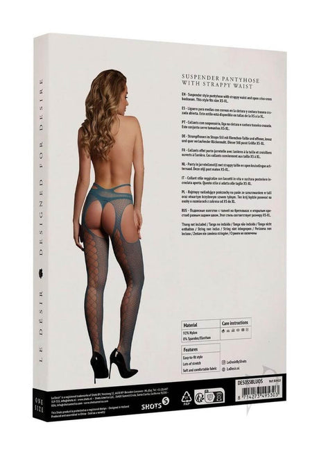 Le Desir Suspender Pantyhose with Strappy Waist OS Blue packaging showing product details and model wearing the item.