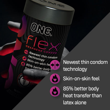 One Flex Graphene Condoms 3 Pack packaging showcasing its advanced features and heat transfer benefits.