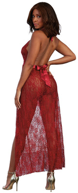 Dreamgirl Lace Gown & G-String Medium Garnet worn by a model showcasing its elegant lace design from the back.