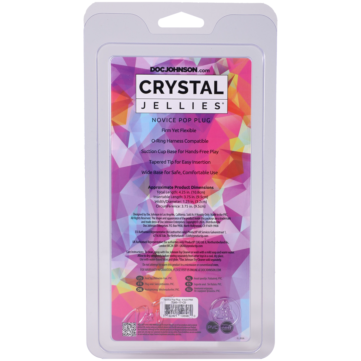 Crystal Jellies Novice Pop Plug 4 Inch Pink packaging with product details and features listed.