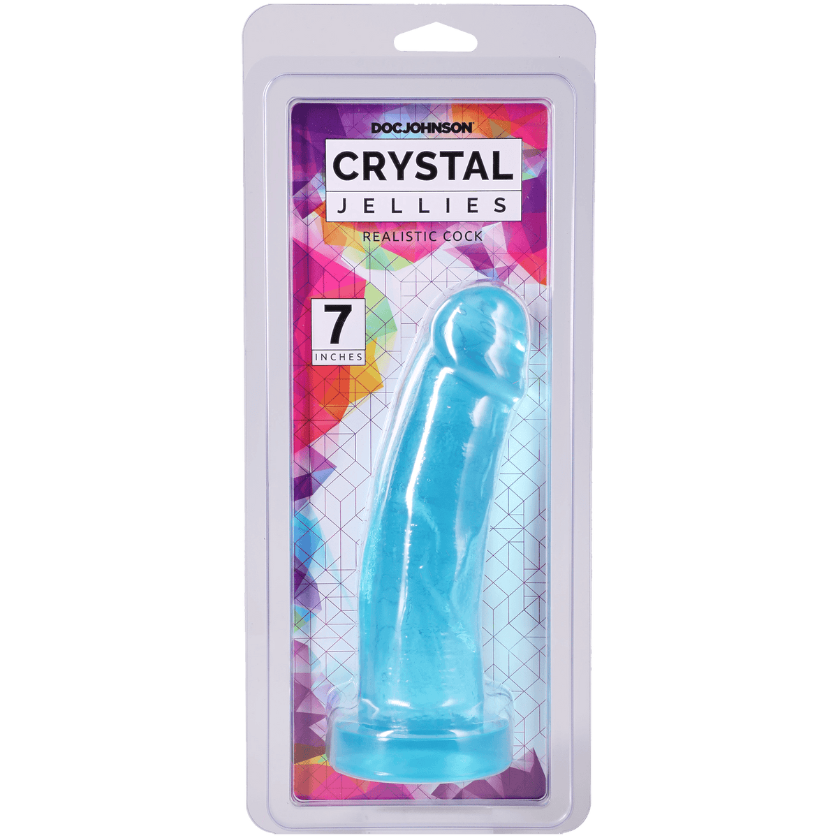 Crystal Jellies Realistic Cock 7 Inches Teal in packaging, showcasing texture and color for stimulation and play.