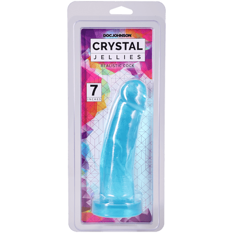 Crystal Jellies Realistic Cock 7 Inches Teal in packaging, showcasing texture and color for stimulation and play.