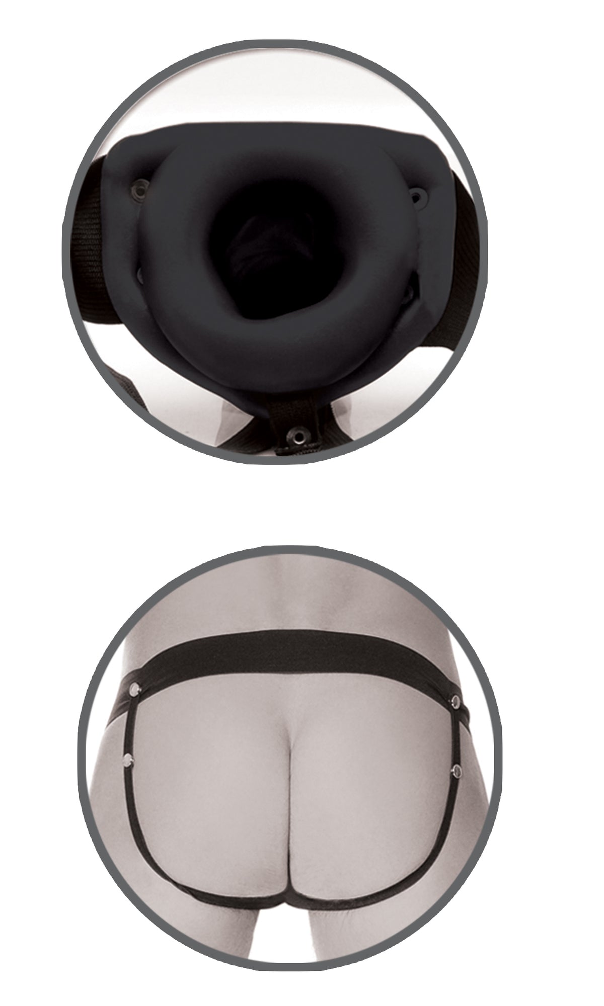 Fetish Fantasy Series Limited Edition Hollow Strap-On Black view showing the hollow opening and harness fit.