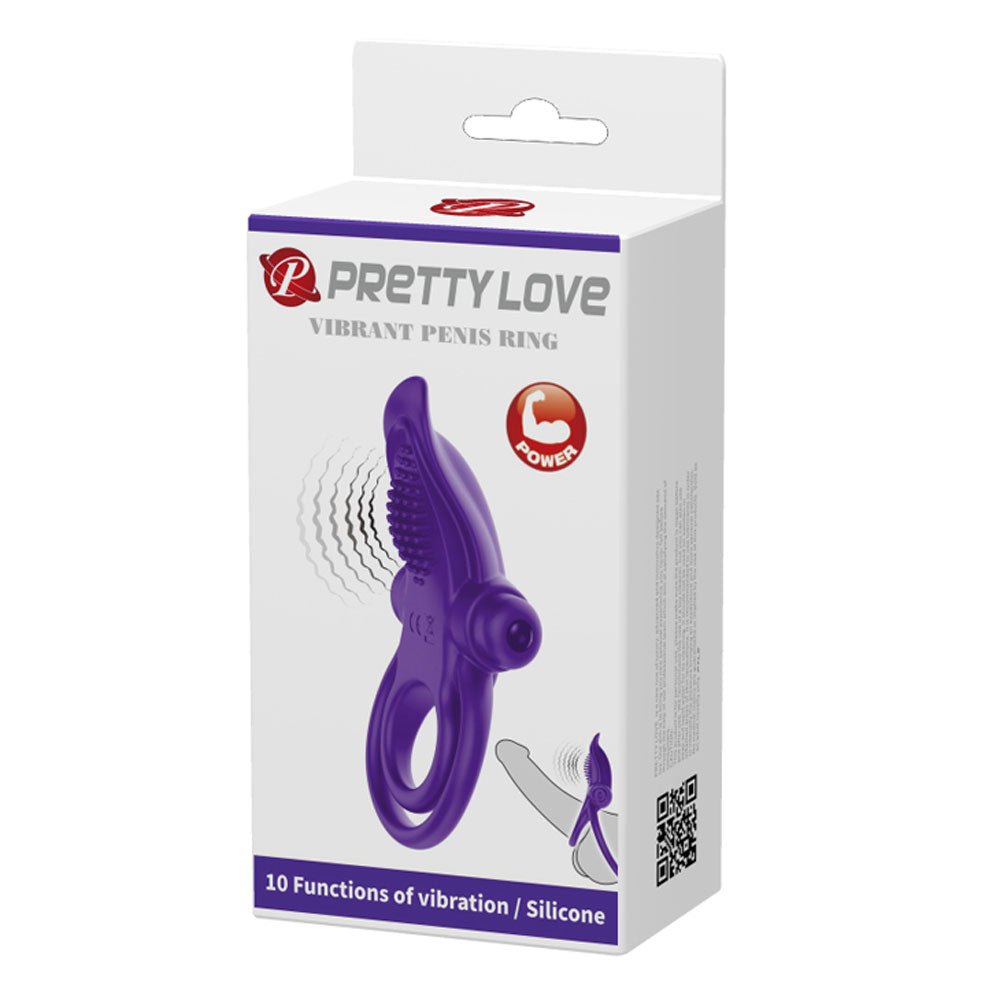 Pretty Love Vibrant Penis Ring Purple packaging featuring a silicone vibrating ring with 10 functions.