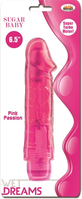 Wet Dreams Sugar Baby Pink Passion Realistic Vibrator in packaging, showcasing its lifelike design and vibrant pink color.