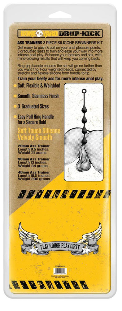 Boneyard Drop-Kick Silicone Ass Trainer 3 Piece Set Black packaging showcasing three graduated sizes and pull ring handle.