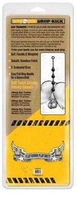 Boneyard Drop-Kick Silicone Ass Trainer 3 Piece Set Black packaging showcasing three graduated sizes and pull ring handle.