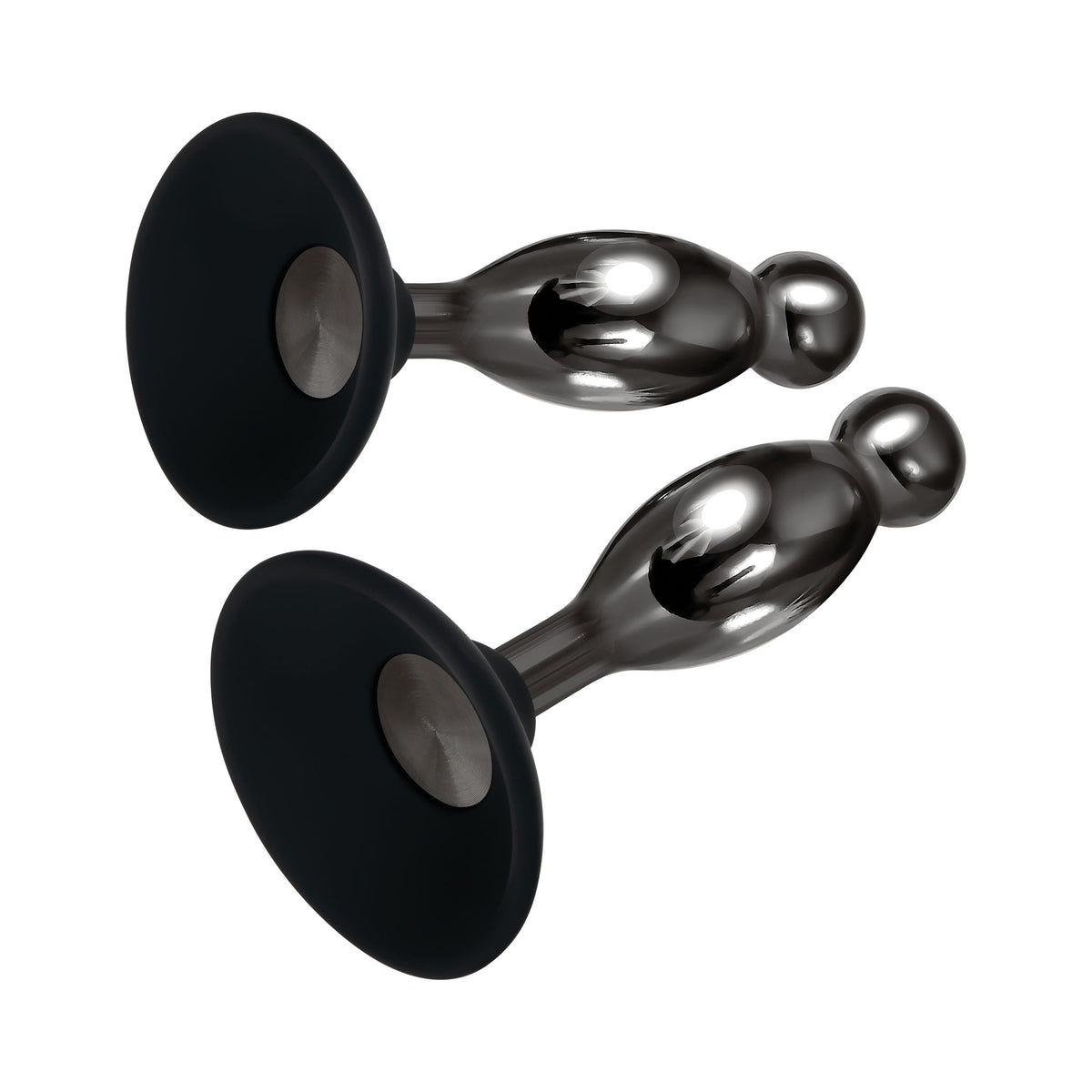 Evolved Joy Sticks 2 Piece Anal Plug Set Black Chrome featuring sculpted plugs with a smooth silicone base.