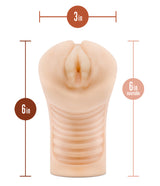 M Elite Soft and Wet Annabella Pussy Stroker Beige showing dimensions of 6 inches insertable length and 3 inches width.