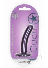 Ouch Smooth G-Spot Silicone Dildo 5 Inch Metallic Purple in sleek packaging, showcasing its curved design and vibrant color.