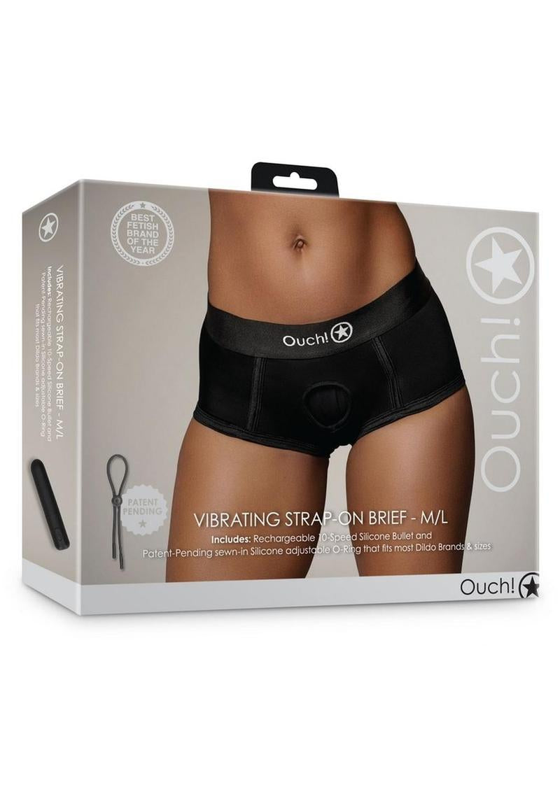 Ouch Vibrating Strap-On Brief Rechargeable Bullet M L Black packaging showcasing its features and design.