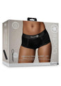 Ouch Vibrating Strap-On Brief Rechargeable Bullet M L Black packaging showcasing its features and design.