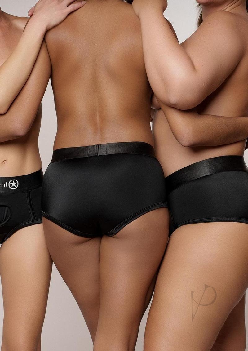 Ouch Vibrating Strap-On Brief Rechargeable Bullet M L Black worn by three models, showcasing fit and design.