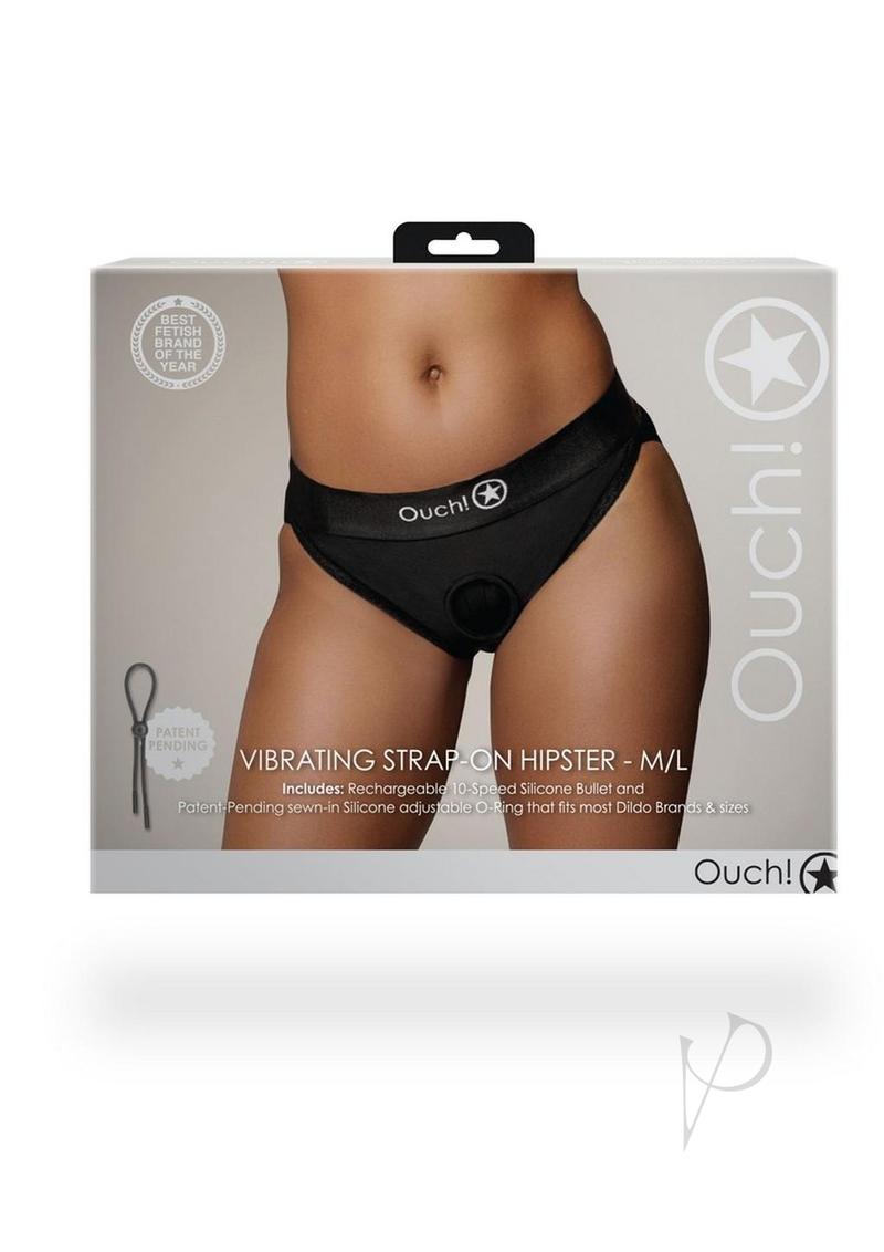 Ouch Vibrating Strap-On Hipster M L Black packaging image showcasing a sleek and elegant design for intimate play.