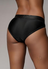 Ouch Vibrating Strap-On Hipster M L Black showcased from the back, highlighting its elegant design and soft fit.