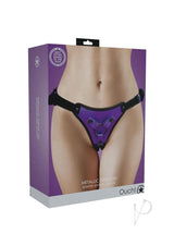 Ouch Strap-On Harness Metallic Purple packaging featuring adjustable harness design and metallic finish.