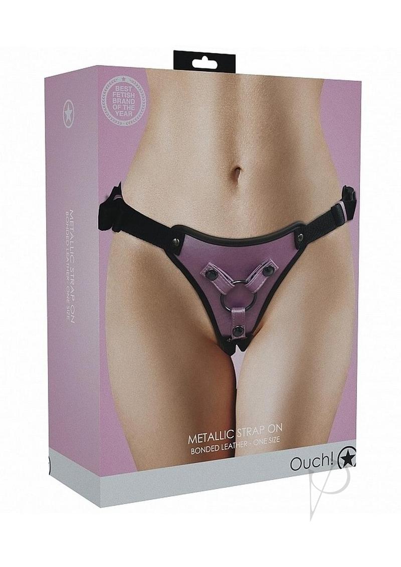 Ouch Metallic Rose Gold Adjustable Strap-On Harness packaging showcasing its stylish design and adjustable features.