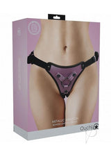 Ouch Metallic Rose Gold Adjustable Strap-On Harness packaging showcasing its stylish design and adjustable features.