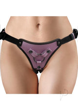 Ouch Metallic Rose Gold Adjustable Strap-On Harness showcased on model, featuring stylish design and adjustable fit.