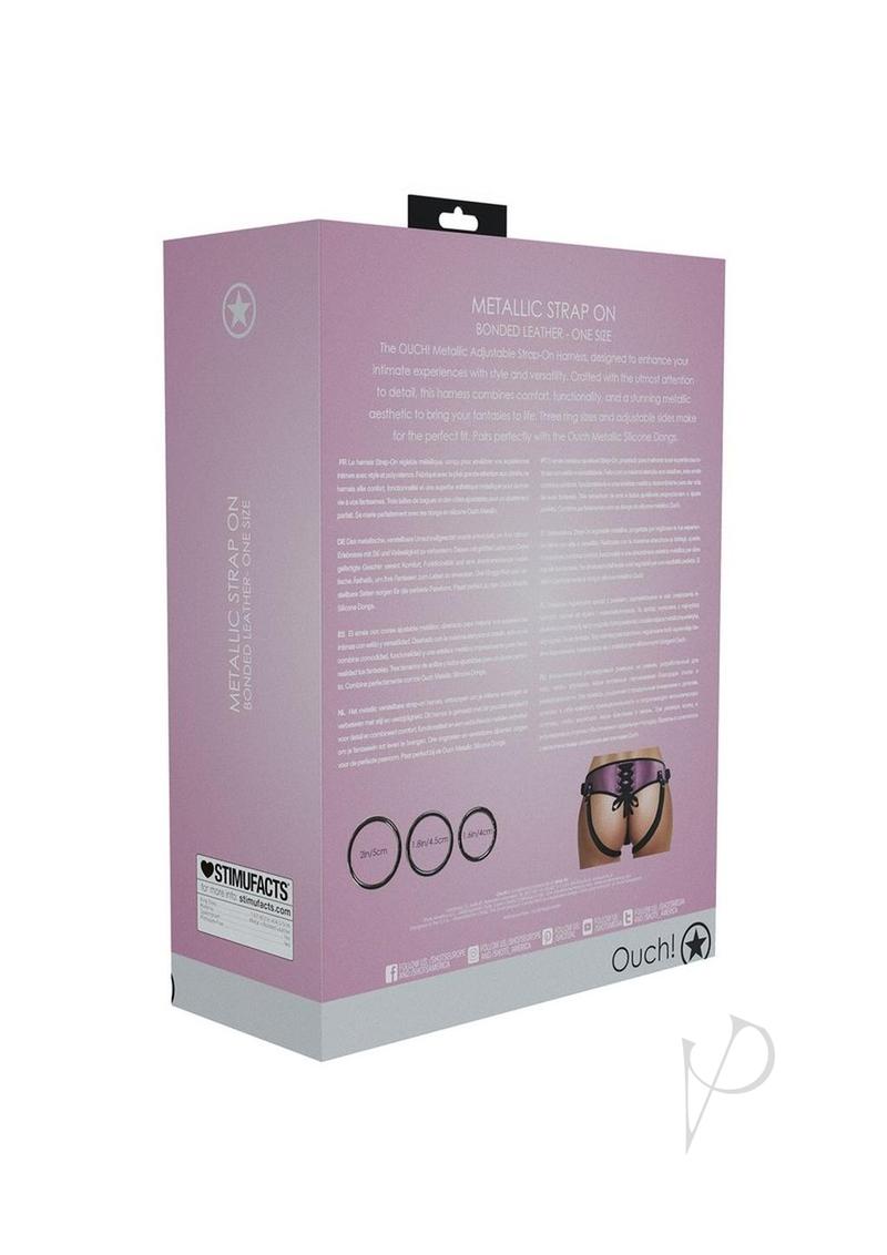 Ouch Metallic Rose Gold Adjustable Strap-On Harness box back view showing details and interchangeable rings.