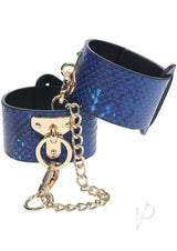 Ouch Florence Collection Handcuffs Blue with gold chain detail, stylish bondage cuffs in shiny blue bonded leather.