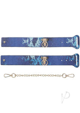 Ouch Florence Collection Handcuffs Blue featuring blue bonded leather with silver chain and clip attachments.