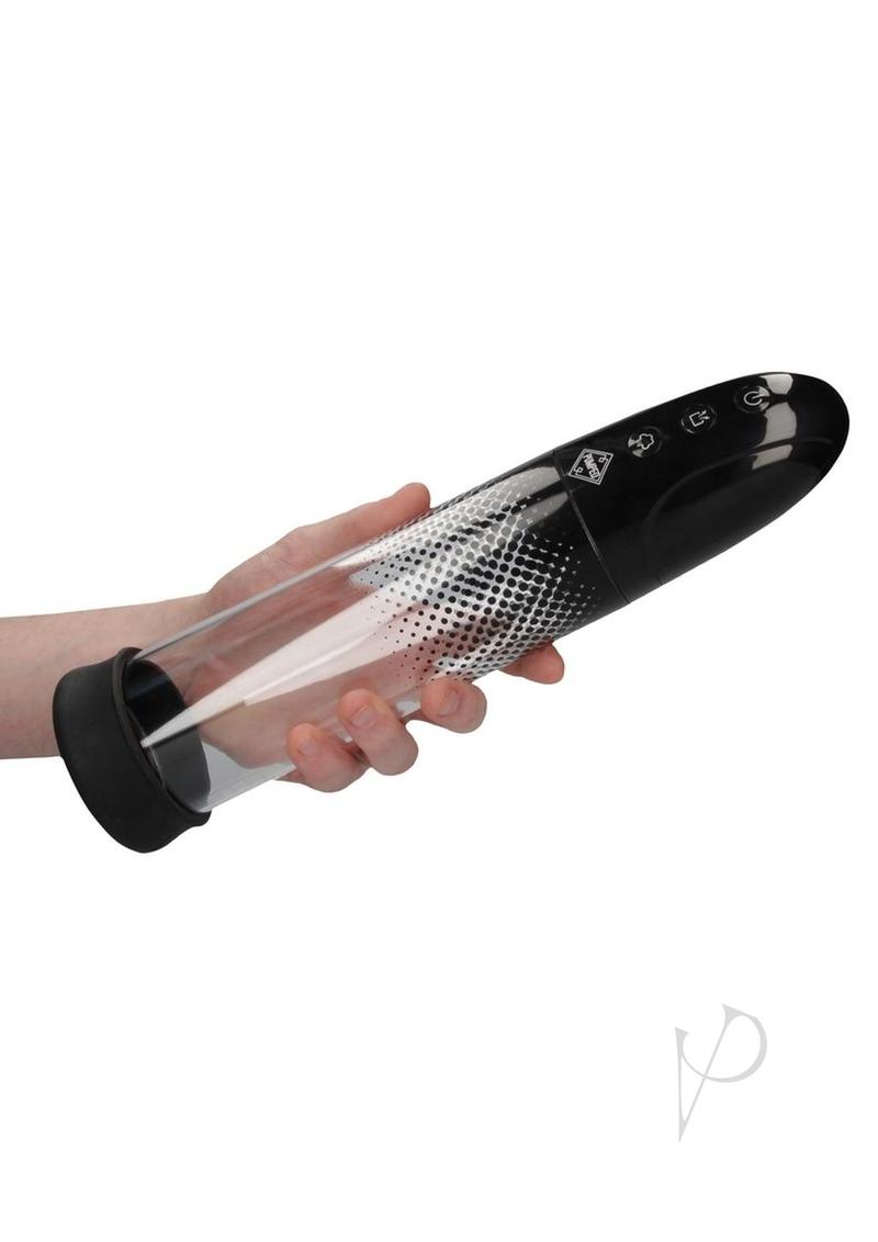 Pumped Automatic Rechargeable Luv Pump Black held in hand, showcasing its sleek design and control buttons.