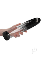Pumped Automatic Rechargeable Luv Pump Black held in hand, showcasing its sleek design and control buttons.