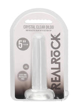 RealRock Crystal Clear Non Realistic Dildo with Suction Cup 5.3 inch in packaging, showcasing its clear design and dimensions.