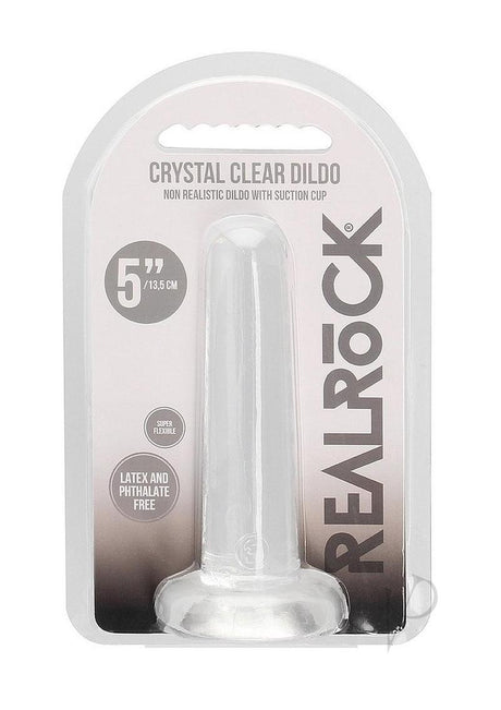 RealRock Crystal Clear Non Realistic Dildo with Suction Cup 5.3 inch in packaging, showcasing its clear design and dimensions.