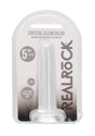 RealRock Crystal Clear Non Realistic Dildo with Suction Cup 5.3 inch in packaging, showcasing its clear design and dimensions.