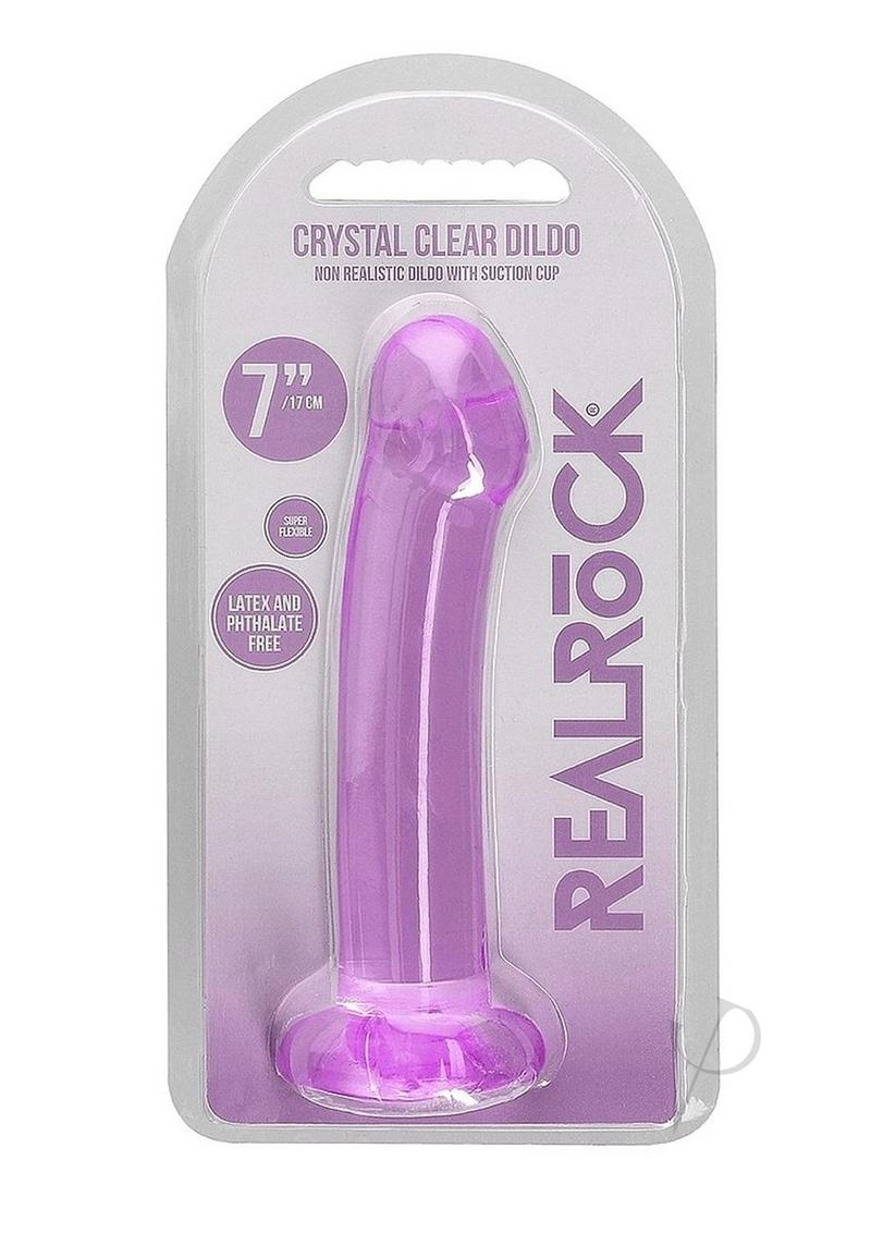 RealRock Crystal Clear 6.7 inch Suction Cup Dildo Purple in packaging, showcasing its sleek design.