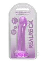 RealRock Crystal Clear 6.7 inch Suction Cup Dildo Purple in packaging, showcasing its sleek design.