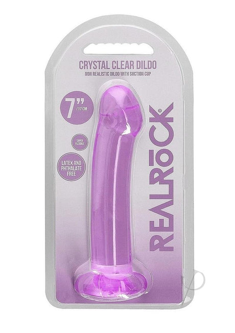 RealRock Crystal Clear 6.7 inch Suction Cup Dildo Purple in packaging, showcasing its sleek design.