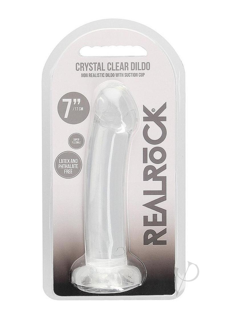 RealRock Crystal Clear Dildo Suction Cup 6.7 Inch Clear in packaging with transparent design