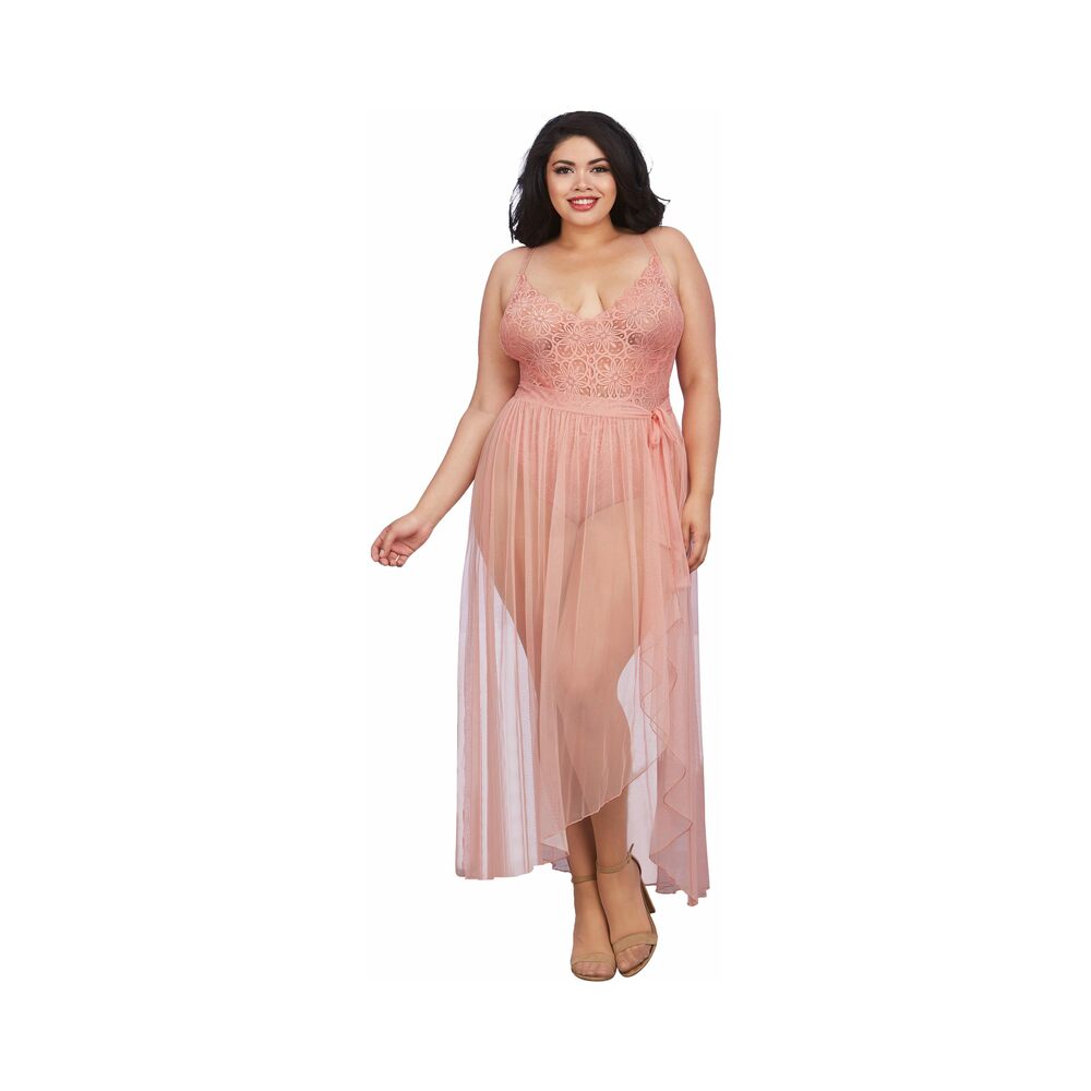 Dreamgirl Dreamgirl Teddy & Sheer Mesh Maxi Skirt With G-String Rose Queen 3X