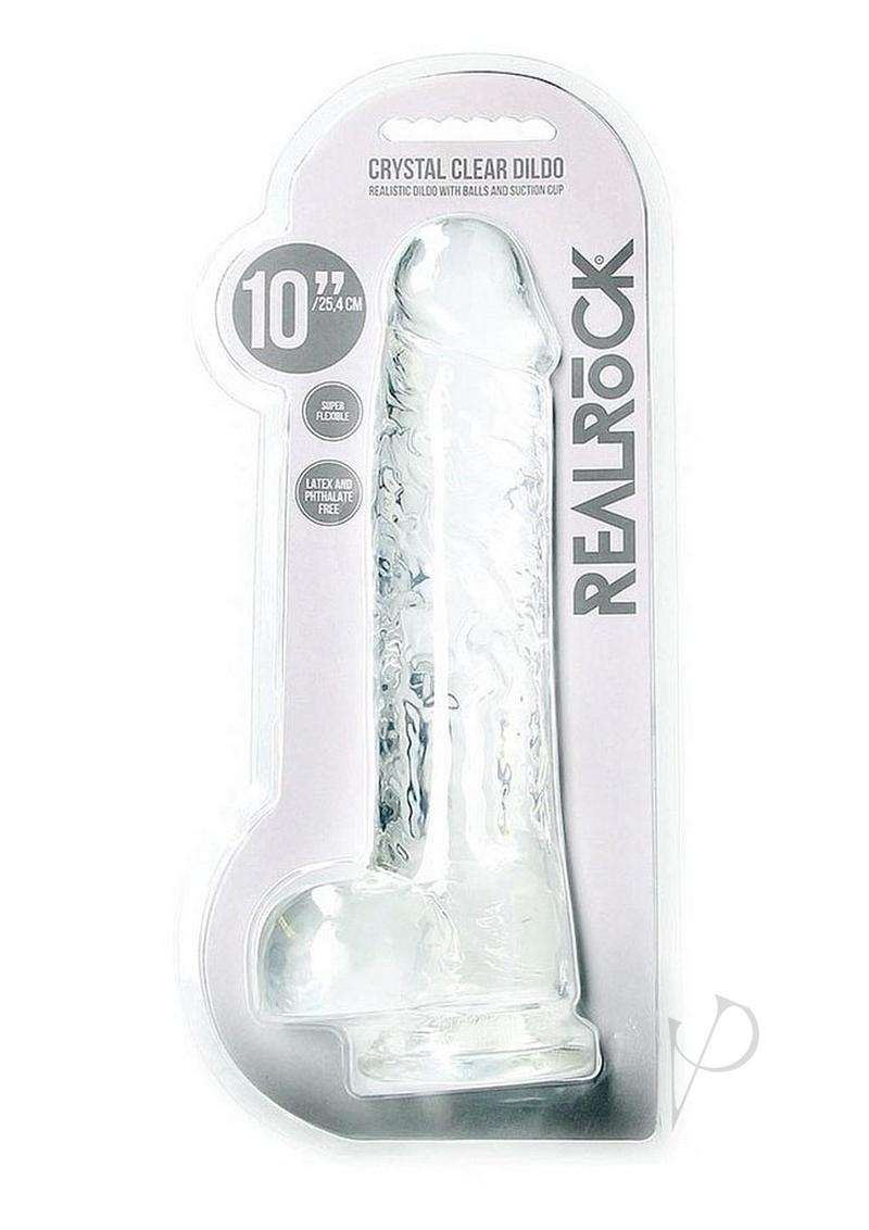 RealRock Crystal Clear Realistic Dildo with Balls 10 inch in packaging showcasing its lifelike design and sturdy suction cup base.
