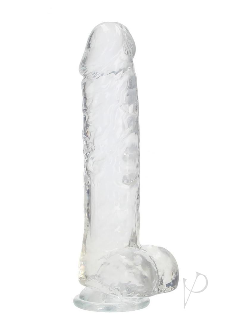 RealRock Crystal Clear Realistic Dildo with Balls 10 inch featuring a transparent design and sturdy suction cup base.