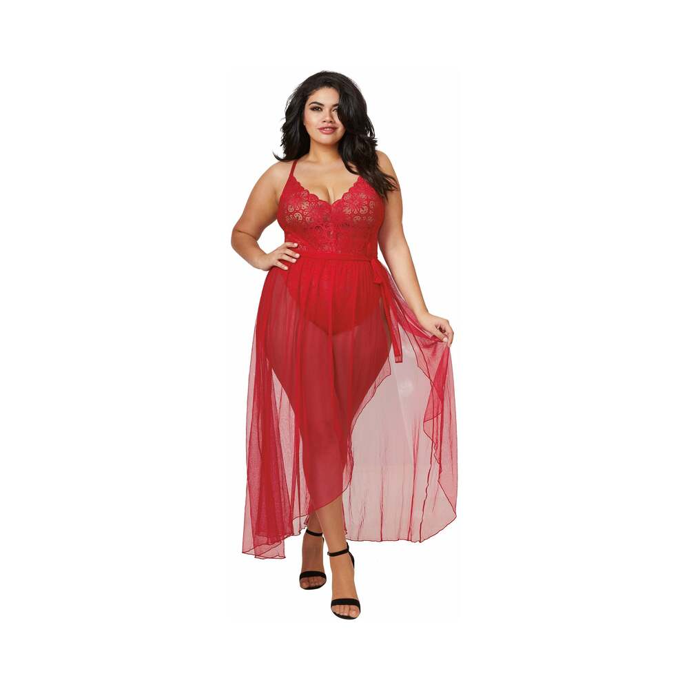 Dreamgirl Dreamgirl Teddy & Sheer Mesh Maxi Skirt With G-String Rouge Queen 3X