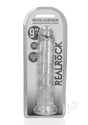 RealRock Crystal Clear Straight No Balls Dildo 9 Inch Clear in packaging, showcasing its sleek design and suction cup feature.