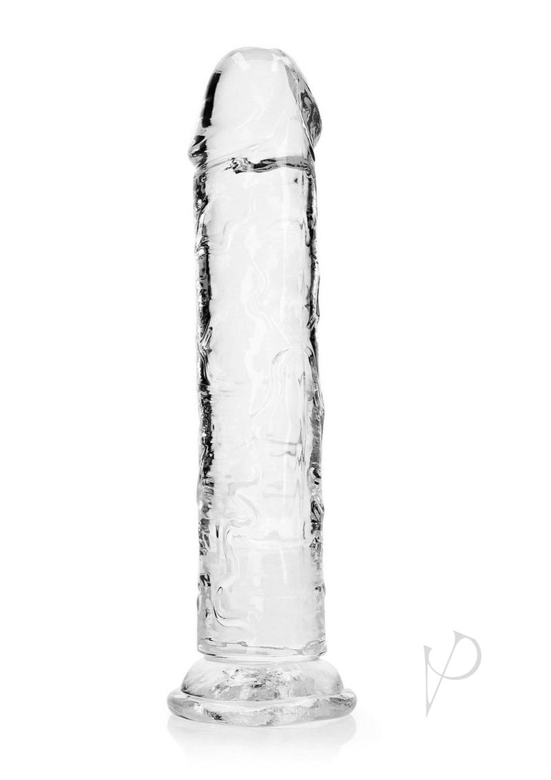 RealRock Crystal Clear Straight No Balls Dildo 9 Inch Clear on a white background showcasing its sleek design.
