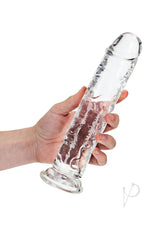 RealRock Crystal Clear Straight No Balls Dildo 9 Inch Clear held in hand, showcasing its sleek and smooth design.