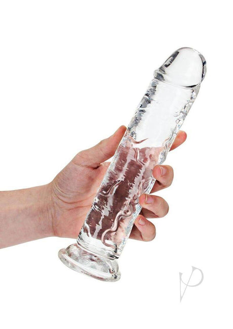 RealRock Crystal Clear Straight No Balls Dildo 9 Inch Clear held in hand, showcasing its sleek and smooth design.