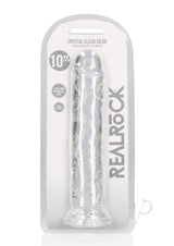 RealRock Crystal Clear Straight No Balls Dildo 10 Inch Clear packaged with a smooth, transparent design.
