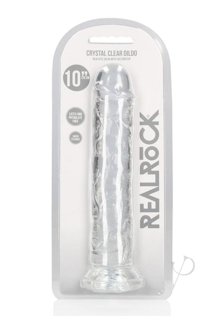 RealRock Crystal Clear Straight No Balls Dildo 10 Inch Clear packaged with a smooth, transparent design.