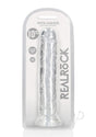 RealRock Crystal Clear Straight No Balls Dildo 10 Inch Clear packaged with a smooth, transparent design.