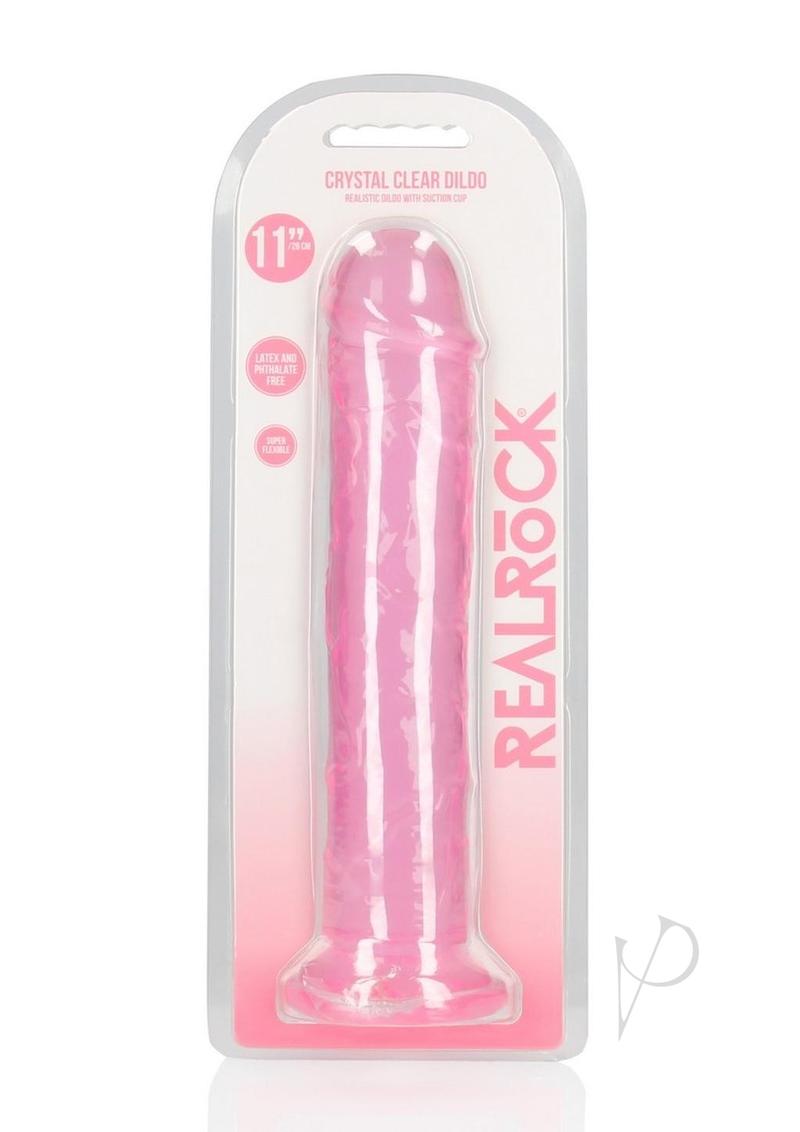 RealRock Crystal Clear Straight No Balls Dildo 11 inch Pink in packaging showcasing its clear design and suction base.